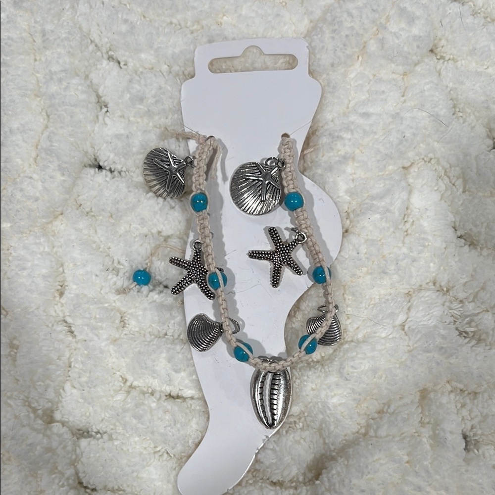 Silver and Blue Seashell Charm Ankle Bracelet